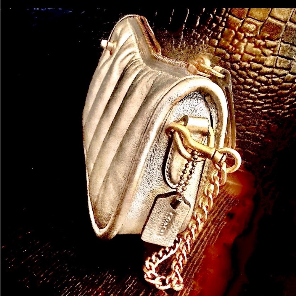 Coach Swinger 20 Metallic Silver Clutch with Gold Chain - Picture 3 of 9